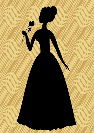 Vintage vector silhouette of a woman with rose in hand on beige diagonal striped backgroundのイラスト素材