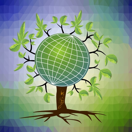 Ecological theme - tree with a globe in branches on the trendy triangle background in green and blueのイラスト素材