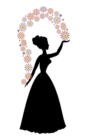 Vintage vector silhouette of a woman throwing flowers, beautiful decorative motifのイラスト素材