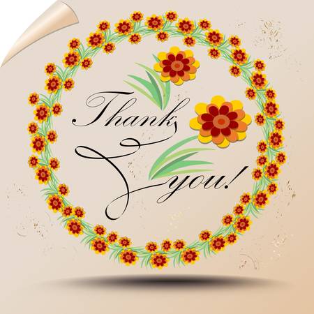 Thank you poster in retro style with colorful wreath. Drawing on background like old tissue paper with rolled corner.のイラスト素材