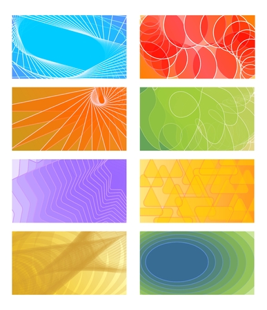 Set of cheerful vector  backgrounds for business card, flyer, leaflet, cover. Various color  red, orange, light green, violet, yellow, blue, turquoiseのイラスト素材