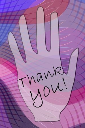 Thank you poster with inscription Thank you on the palm with purple wavy backgroundのイラスト素材
