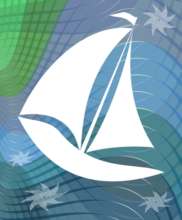 Sail boat silhouette on abstract wavy background with starfishesのイラスト素材