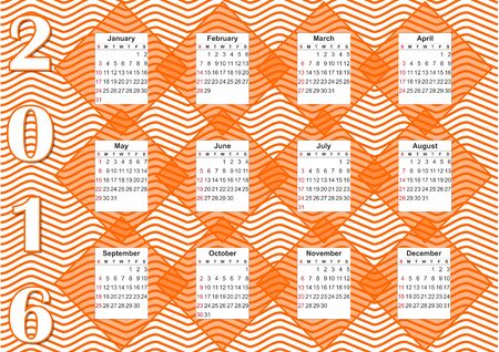 2016 horizontal calendar in orange design with rhomboid elementsのイラスト素材