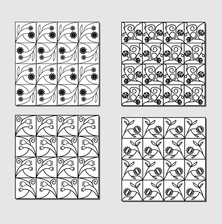 Set of black white background tiles with simply floral motif. Small mirror elements.のイラスト素材