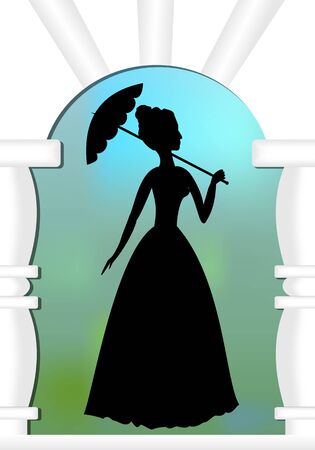 Lady with umbrella in gate, a silhouette on blur green and blue backgroundのイラスト素材