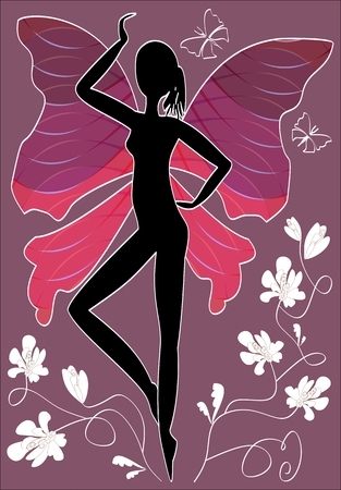 Abstract illustration - black woman silhouette with butterfly wings and white flowers on deep purple backgroundのイラスト素材