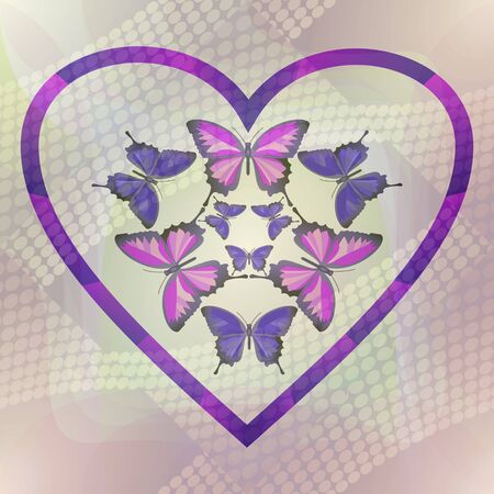 Romantic motif with butterflies in heart on halftone backgroundの写真素材