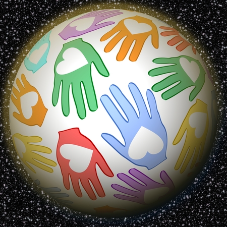 Planet of peace - a fantasy planet with palms and hearts, fantasy illustration for positive thinkingの写真素材