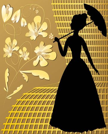 Lady silhouette with golden vintage flowers on golden grid, retro illustration in victorian styleのイラスト素材