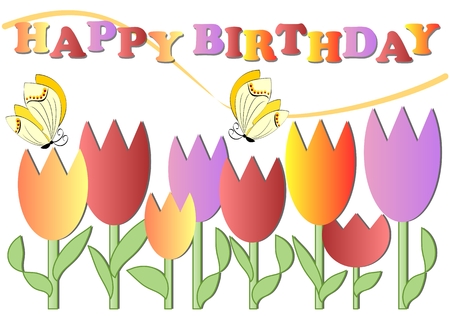 Happy birthday poster with colorful tulips and butterflies, eps 10 vectorのイラスト素材