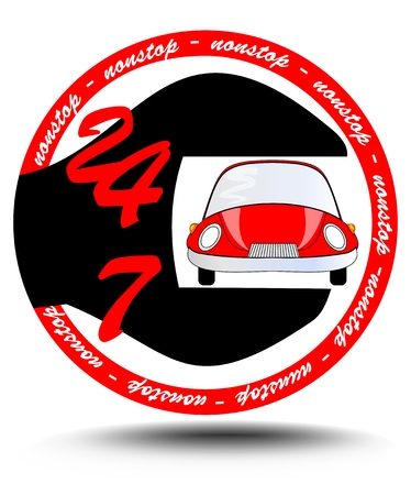 Nonstop car service station with red car inside spanner, circle emblem suitable as logotyp, eps10 vectorのイラスト素材