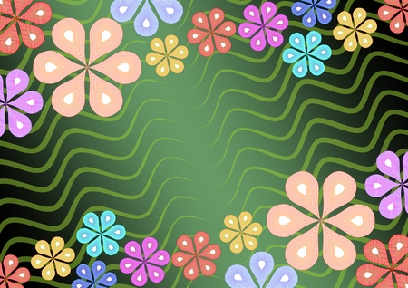 Colorful flower ornament on green wavy background, mirror diagonal floral patterns, suitable for invitation, garden party, birthday billboard, EPS10 vectorのイラスト素材