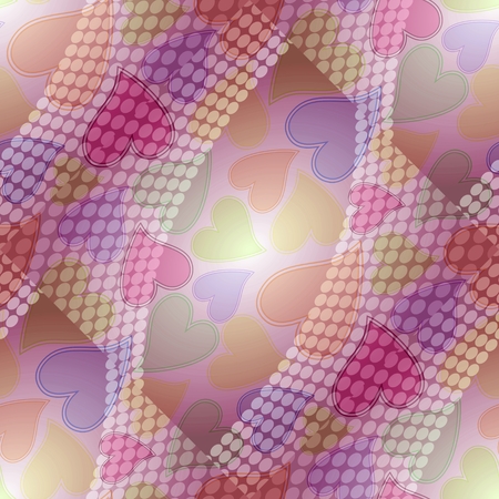 Cheerful background with hearts and dot. Transparency effect with soft pastel colors. Tender design for girls and womans.の写真素材