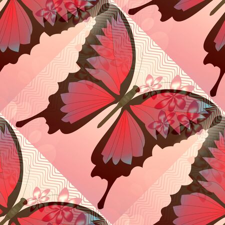 Romantic pink and red background with blended butterfly and small flower motifの写真素材