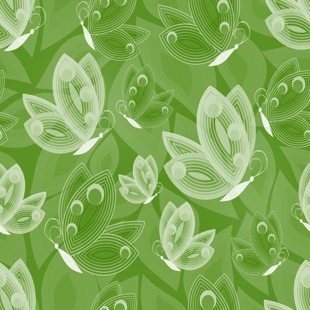 White butterfly outline elements on green background with leafs. Spring or summer wallpaper.の写真素材