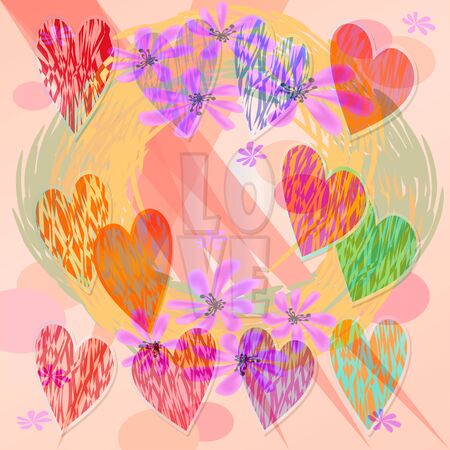 Modern cherfull spring motif with hearts and flowers. Applicable as Valentine day background or wedding decoration.の写真素材