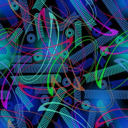 Fantasy techno background with curves and swirls. Green and blue decor on black area.の写真素材