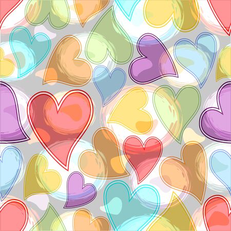 Pastel transparent hearts and circles, soft colored abstract background tile.の写真素材