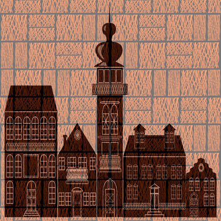 Town silhouette on graphic engraving background. Fantasy old tower, houses.の写真素材