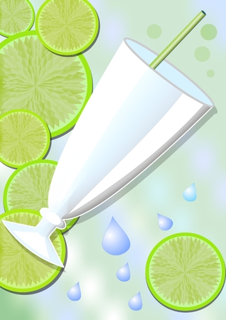 Drink card background with a glass, lime slices and water drops. Delicious cold fruit drinks, refreshing in the summer heat. Fresh juice with fruitsのイラスト素材