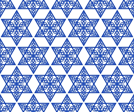 Star of David decoration with geometric tile vintage yew ornament in blue design. Religious motif seamless background.のイラスト素材