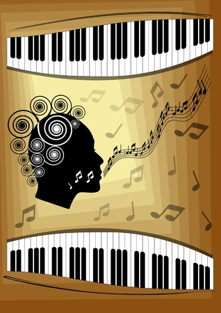 Musical theme with piano keyboard and silhouette face profile of singing woman. Decorative design element for an invitation or leaflet to vocal music concert jazz or classical musicのイラスト素材