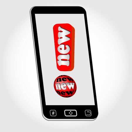 Smartphone - isolated object with emblem New represented as red exclamation mark with inscription New. Image on light gray background with gradient. Vector EPS 10.のイラスト素材