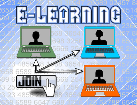 E-learning billboard with laptop and button join