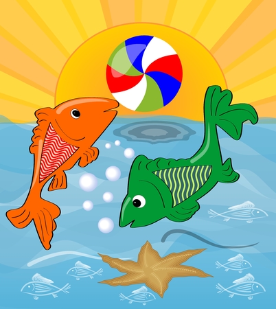 Two cute fishes playing with ball in the sea. Orange fish throws the ball green fish, the sun shining over the sea. Cheerful summer cartoonのイラスト素材