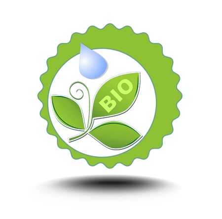 Circle bio product label with tree green leafs and drop of water. Motif in green gear with shadow.のイラスト素材