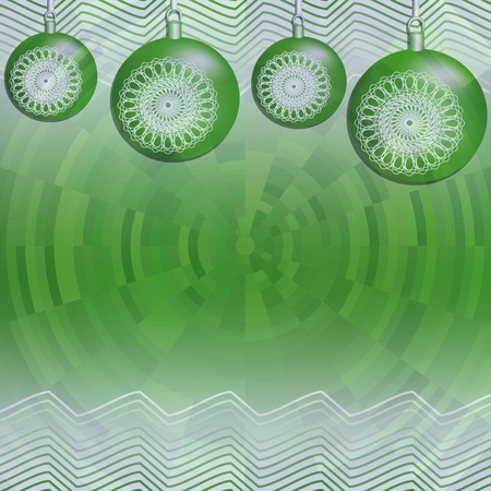 Green wavy christmas background with balls on circle pixelated areaの写真素材