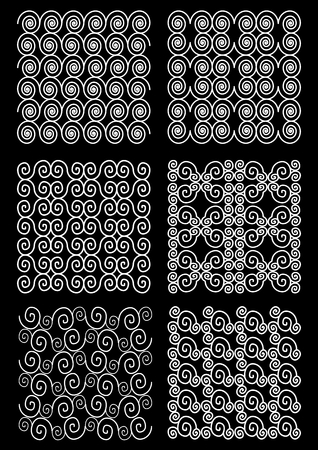 Set of classic patterned tiles, ornament composed from spiral, white drawing on black backgroundのイラスト素材