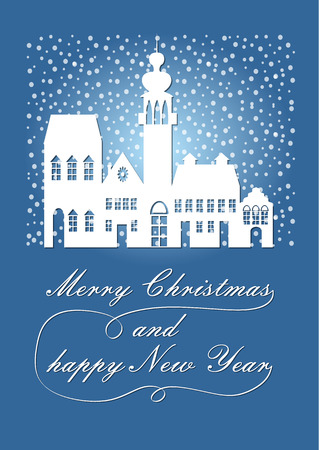 Poetic white silhouette of the ancient city in the Christmas snowfall, wishes Merry Christmas and a Happy New Year. Blue winter background, december nightfallのイラスト素材