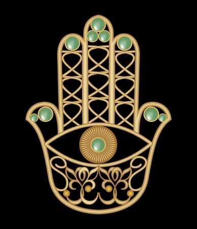 Golden Miriam hand with eye shape in filigree design with green  emerald gem, amulet of protection, vectorのイラスト素材