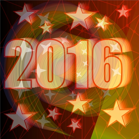 New Year 2016 party billboard concept with bold numbers and star shapes on red grid backgroundの写真素材