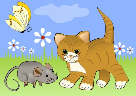 Kitten watching mouse on the green blooming meadow. Yellow butterfly flying over white flowers. Cheerful spring illustration with cartoon animals.のイラスト素材