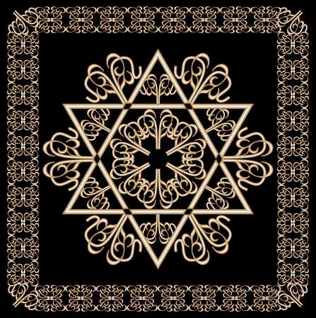 Luxury golden ornament with David star motif in filigree gold frame on black background. Jewish religious and national hexagram symbol named in hebrew magen.のイラスト素材