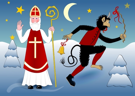 Blessing Saint Nicholas in traditional white clothing with cross, miter, a crosier. Beside him crazy dancing devil with a scourge and bell. The scene in snowy winter evening landscape with moon and starsのイラスト素材