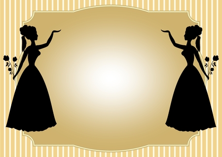 Mirror silhouette of a Victorian lady with a bouquet of roses on a pale yellow striped background. Place for your own text - invitation to a dance, feast, celebration, cultural program. Luxury template for printing.のイラスト素材