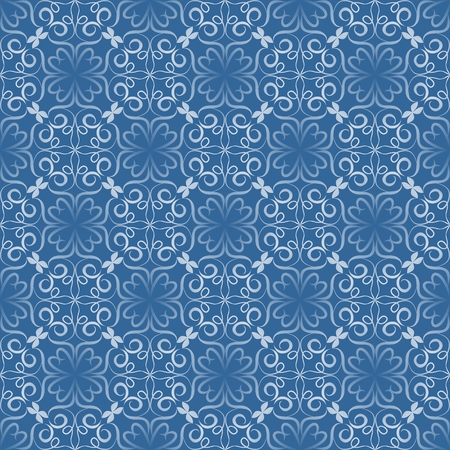 Seamless decorative tile with white filigree lace patterns on blue background in art nouveau style. Vintage background with geometric regular ornamentのイラスト素材