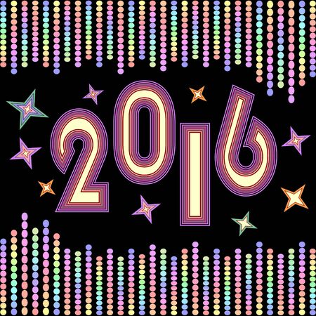 New year 2016 background with chains of vivid colored confetti and colored stars on black background. Decoration for New year celebration party.のイラスト素材