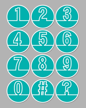 Set of artistic line number in circle shapes, white outline on trendy green background, included hash tag symbol and question mark. Number icons for infographic templateのイラスト素材