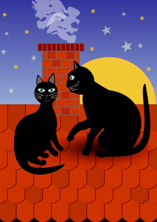 Black cat with tomcat by chimney on red roof, dark evening sky with stars on background. illustration for fancier and supporter of cats. Gorgeous cover for book about cats or animals.のイラスト素材