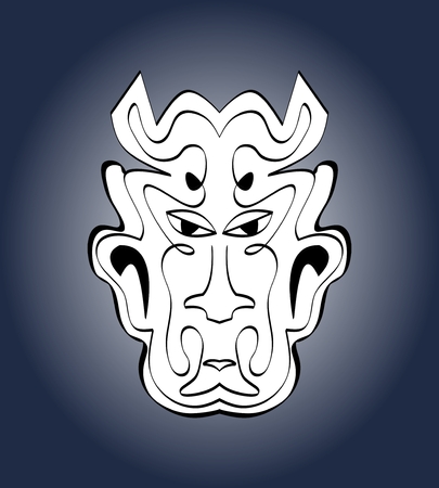 Devil face, carnival mask. Monochromatic calligraphic symmetric drawing on dark blue gradient background. Vector illustrationのイラスト素材