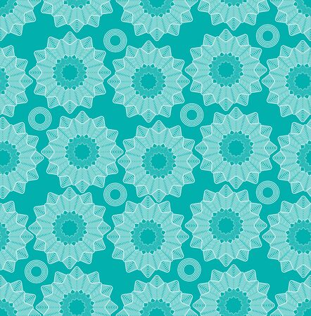 Fine lace star shapes in white line drawing on trendy green background, seamless vector patternsのイラスト素材