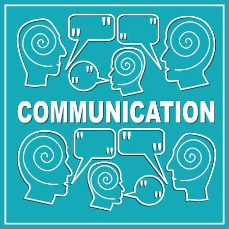 Communication, presentation slide template with people heads and speak bubbles with quote. White outline design on trendy green background. Accompanying graphics to soft skills training or workshopのイラスト素材