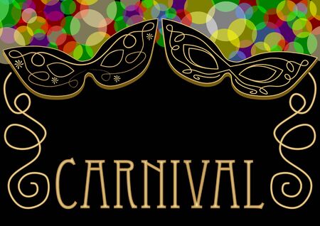 Carnival background, mask decorated with gold ornament, overlapping colored lights in top, golden antique inscription. Template for carnival invitation with empty place for own textのイラスト素材