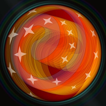 Fire semitransparent orange spiral with stars on black background, blank modern abstract background for own text, message, annoucement, effective considerable fantasy sci-fi backgroundの写真素材