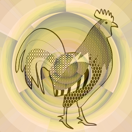 Cock, black drawing on abstract beige background resembling a misty morning sun, symbol of chinese horoscope, year of the roosterの写真素材